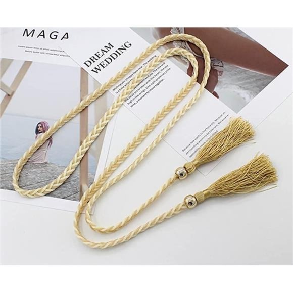Women Girls Braided Knotted Waist Belt Skinny Color Rope Exotic Chain Tassel